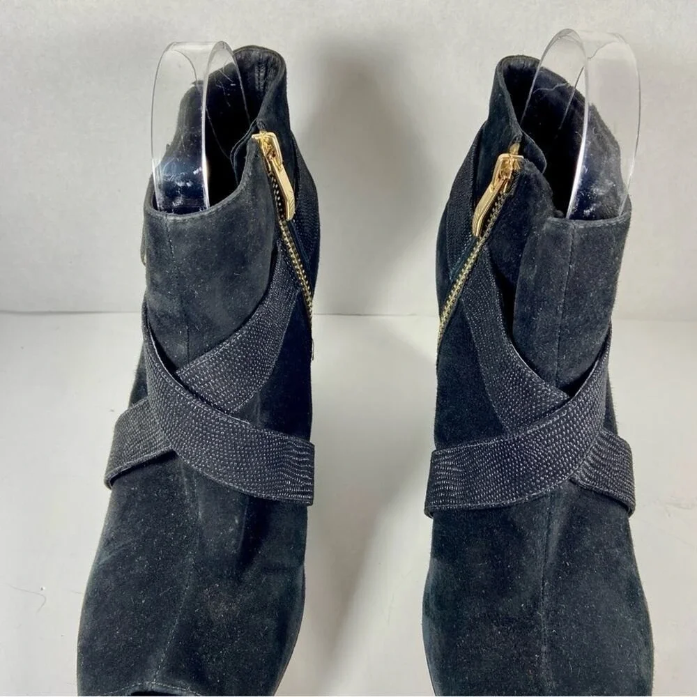 Vince Camuto women Suede wedges 8.5 Peep Toe Wedge Booties Black Gold Buckle 8.5